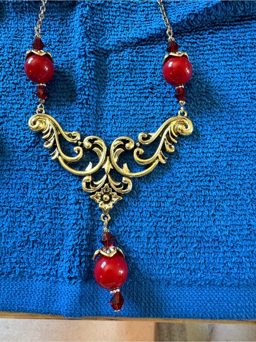 Gold Scroll Pendant Necklace with Red Beads - Women Jewelry